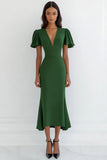 Green V-Neck Sheath Midi Formal Dress with Ruffles