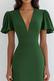 Green V-Neck Sheath Midi Formal Dress with Ruffles