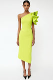 Lemon Yellow One Shoulder Satin Asymmetrical Formal Dress with Ruffles