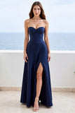 Navy Sweetheart Satin A Line Long Formal Dress with Slit