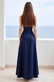 Navy Sweetheart Satin A Line Long Formal Dress with Slit