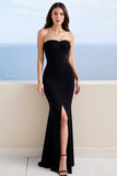 Black Satin Mermaid Strapless Long Formal Dress with Slit