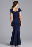 Navy Mermaid Cap Sleeves Long Formal Dress
