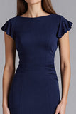 Navy Mermaid Cap Sleeves Long Formal Dress