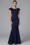 Navy Mermaid Scoop Neck Long Formal Dress with Ruffles