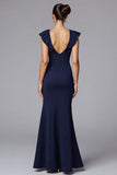 Navy Mermaid Scoop Neck Long Formal Dress with Ruffles