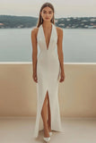 Ivory Satin Sheath Deep V-Neck Long Formal Dress with Slit