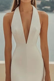 Ivory Satin Sheath Deep V-Neck Long Formal Dress with Slit