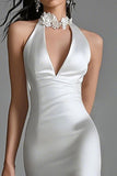 White Ruffled Mermaid Satin Halter Wedding Dress