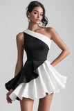 One Shoulder Black and White Ruffle Mini Dress