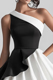 One Shoulder Black and White Ruffle Mini Dress