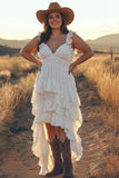 Ivory Tiered High-Low Plus Size Engagement Dress With Ruffles