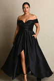 Simple Black Off the Shoulder A Line Plus Size High-Low Formal Dress