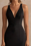 Black Satin V-Neck Sheath Long Formal Dress with Slit