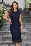 Burgundy Sheath Round Neck Lace Mother of the Bride Dress