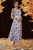 Sliver A Line Tea Length Mother of the Bride Dress with Long Sleeves