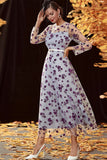 Sliver A Line Tea Length Mother of the Bride Dress with Long Sleeves