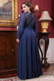 Navy Chiffon A line Long Sleeve Mother of the Bride Dress
