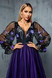 Floral Navy A Line Long Tulle Mother of the Bride Dress
