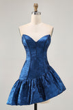 A Line Strapless Asymmetrical Dark Blue Graduation Dress