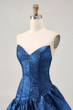 A Line Strapless Asymmetrical Dark Blue Graduation Dress