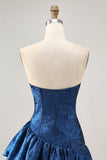 A Line Strapless Asymmetrical Dark Blue Graduation Dress