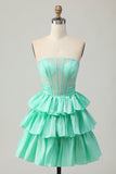 Strapless Red A Line Tiered Corset Beaded Short Graduation Dress with Bow
