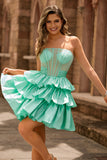 Strapless Red A Line Tiered Corset Beaded Short Graduation Dress with Bow