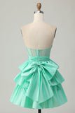 Strapless Red A Line Tiered Corset Beaded Short Graduation Dress with Bow
