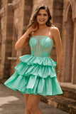 Strapless Red A Line Tiered Corset Beaded Short Graduation Dress with Bow