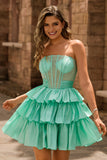 Strapless Red A Line Tiered Corset Beaded Short Graduation Dress with Bow