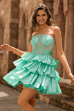 Strapless Red A Line Tiered Corset Beaded Short Graduation Dress with Bow