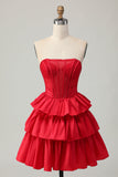 Strapless Red A Line Tiered Corset Beaded Short Graduation Dress with Bow