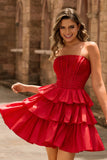 Strapless Red A Line Tiered Corset Beaded Short Graduation Dress with Bow