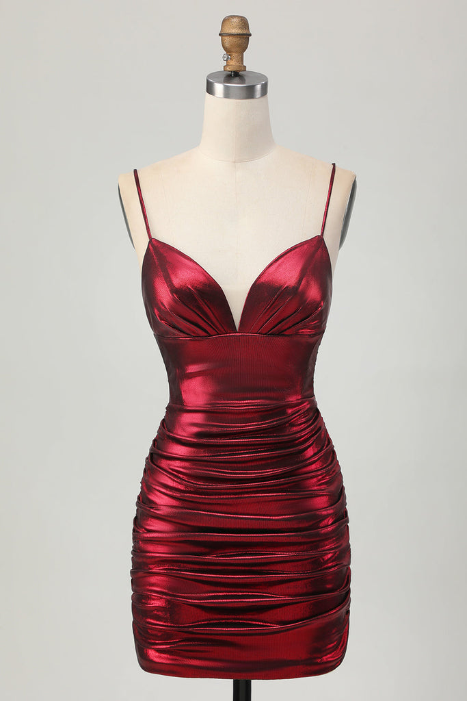 WEDTREND Women Sparkly Metallic Burgundy Graduation Dress Spaghetti