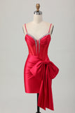 Red Bodycon Spaghetti Straps Corset Beaded Short Prom Dress with Bow