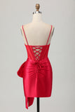 Red Bodycon Spaghetti Straps Corset Beaded Short Prom Dress with Bow