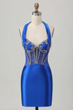 Royal Blue Bodycon Halter Short Satin Short Prom Dress with Rhinestones