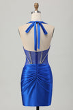 Royal Blue Bodycon Halter Short Satin Short Prom Dress with Rhinestones