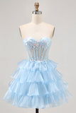Pink Tiered Sequins Strapless Corset Mini Prom Dress