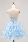Pink Tiered Sequins Strapless Corset Mini Prom Dress