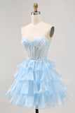 Pink Tiered Sequins Strapless Corset Mini Prom Dress