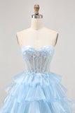 Pink Tiered Sequins Strapless Corset Mini Prom Dress