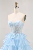 Pink Tiered Sequins Strapless Corset Mini Prom Dress