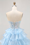 Tiered Sequin Blue Strapless Corset Mini Prom Dress