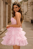 Tiered Sequin Blue Strapless Corset Mini Prom Dress