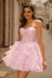 Pink Tiered Sequins Strapless Corset Mini Prom Dress