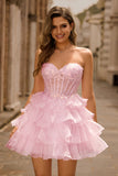 Pink Tiered Sequins Strapless Corset Mini Prom Dress
