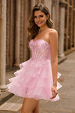 Pink Tiered Sequins Strapless Corset Mini Prom Dress