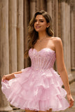 Pink Tiered Sequins Strapless Corset Mini Prom Dress